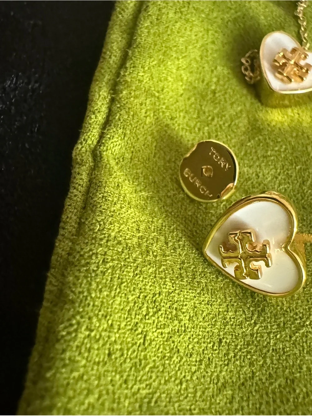Tory Burch Gold and White Heart Logo Necklace with Matching Studs